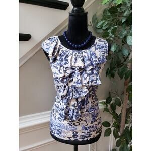 CAbi Blouse Top Womens XS White Animal Print Cascade Ruffle Sleeveless Pullover
